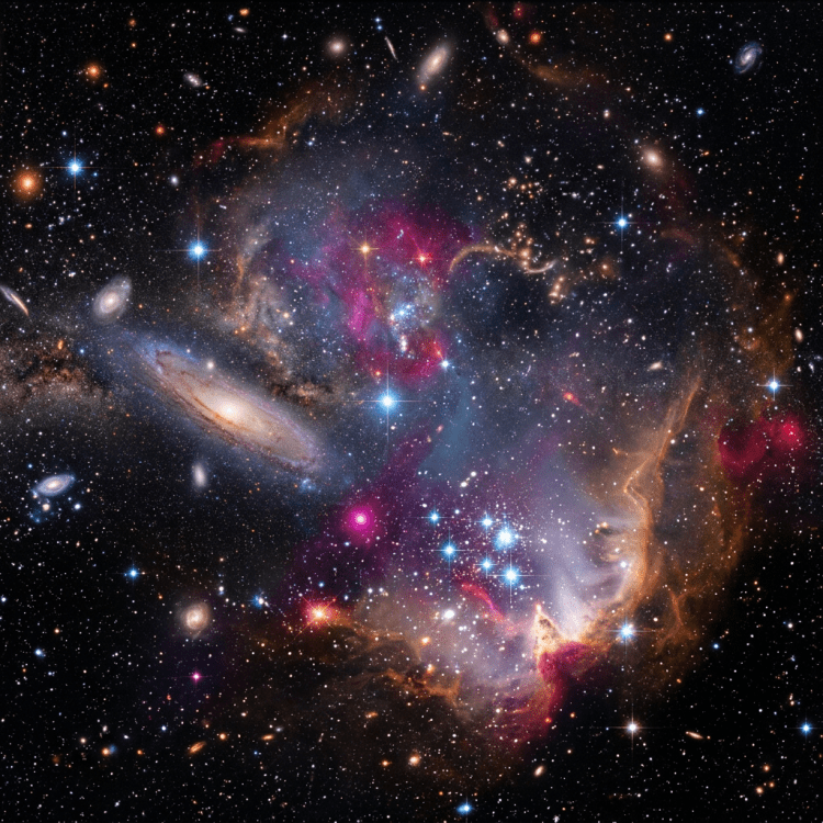 Colorful nebula with bright blue stars and surrounding galaxies in deep space
